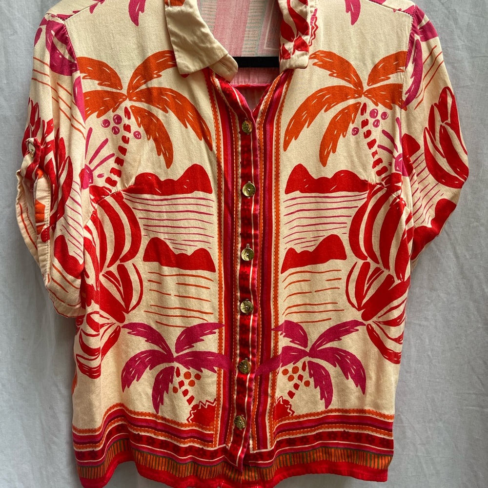 Christian Siriano Red and Orange Tropical Button-Down Shirt